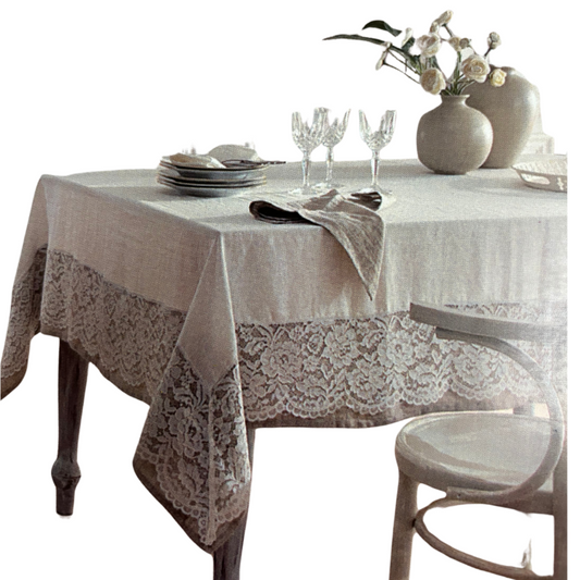 Tovaglia “Honduras” in Puro Lino con Ricamo in Pizzo 170x270 cm - Fabbrica Tessile