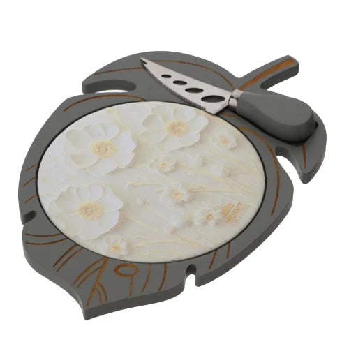 Tagliere a Forma di Foglia in Legno con Base in Ceramica  e Coltello 28x18 cm - Hervit