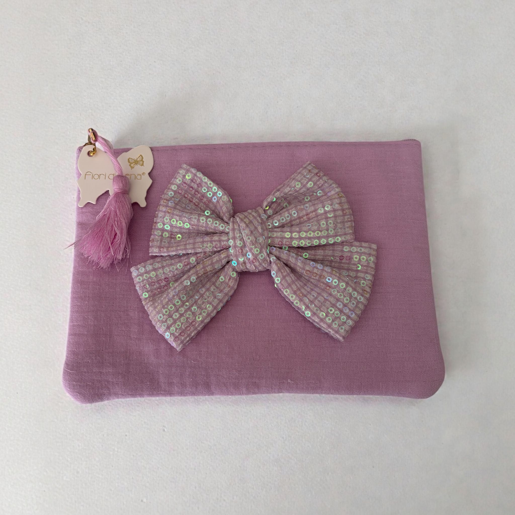 Pochette in Mussola con Fiocco in Paillettes 20x15 h cm - Fiori di Lena