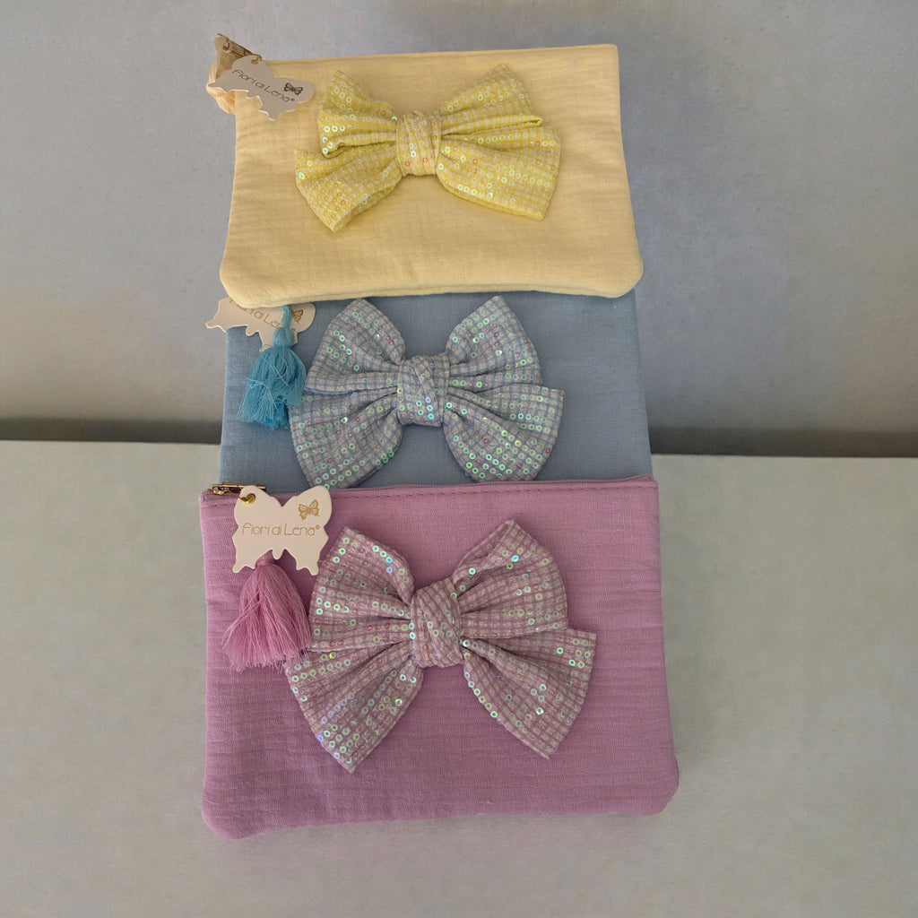 Pochette in Mussola con Fiocco in Paillettes 20x15 h cm - Fiori di Lena