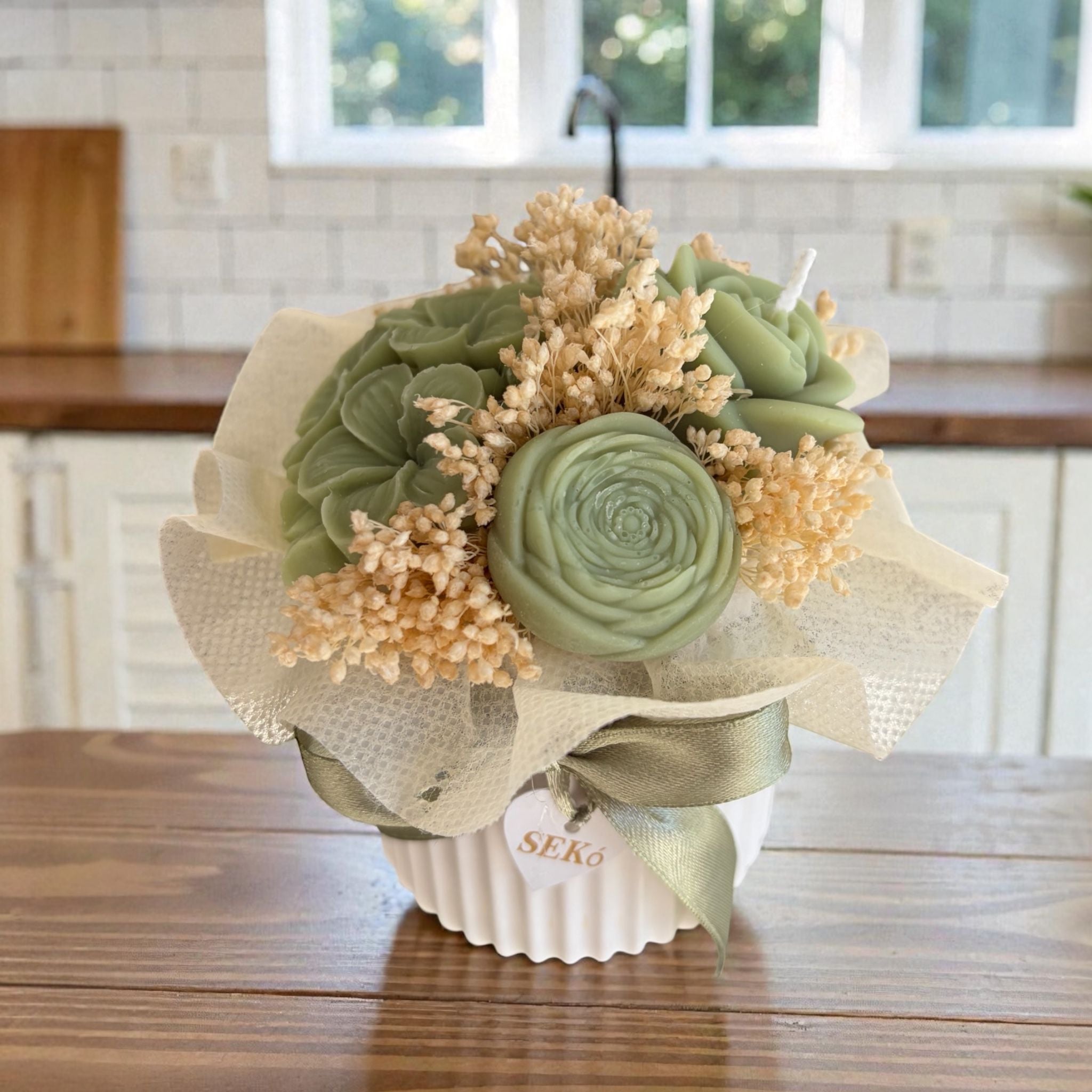 Candela Bouquet in Cera con Vasetto Ceramica 10x7 cm - Sekò