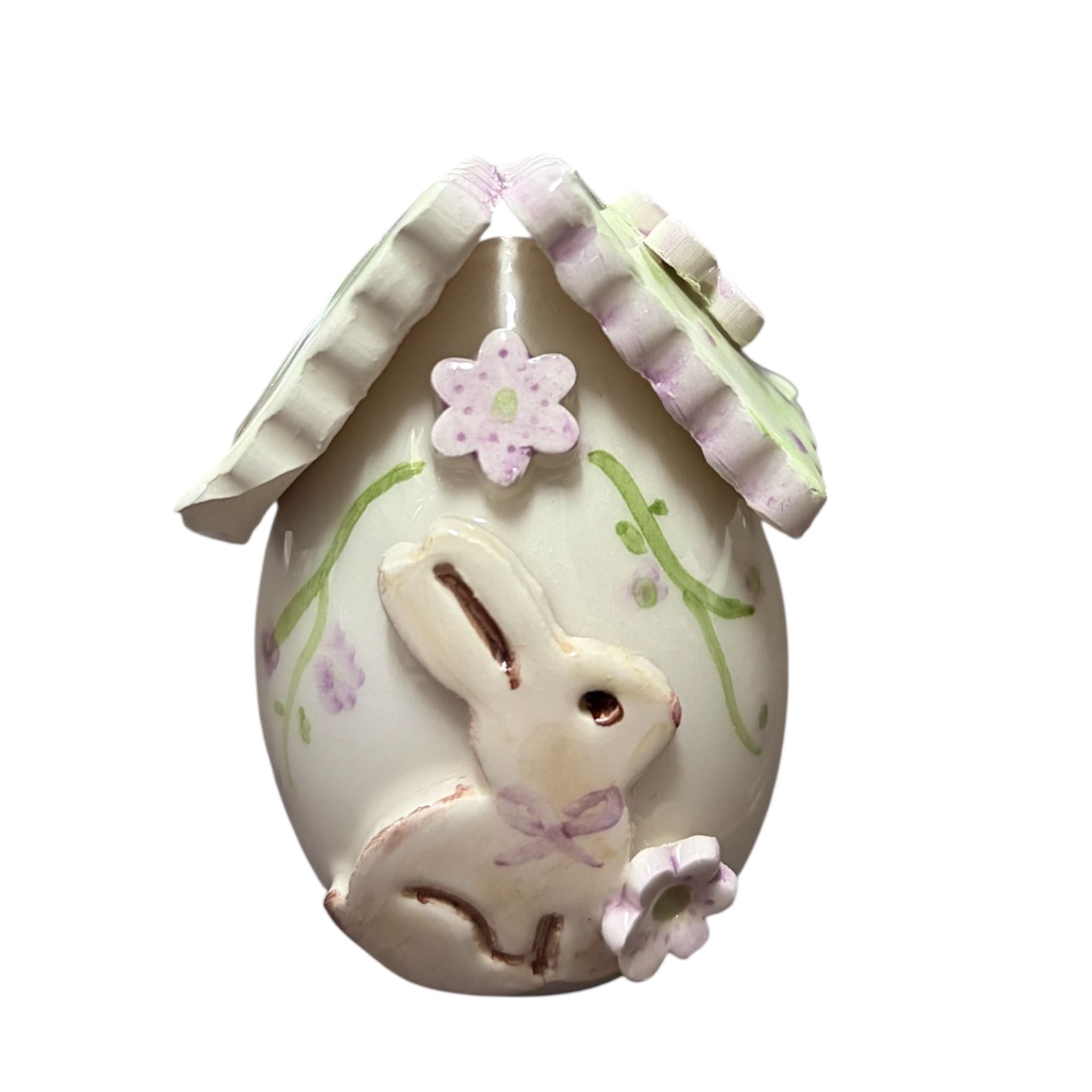 Uovo decorativo in ceramica con dettagli pasquali