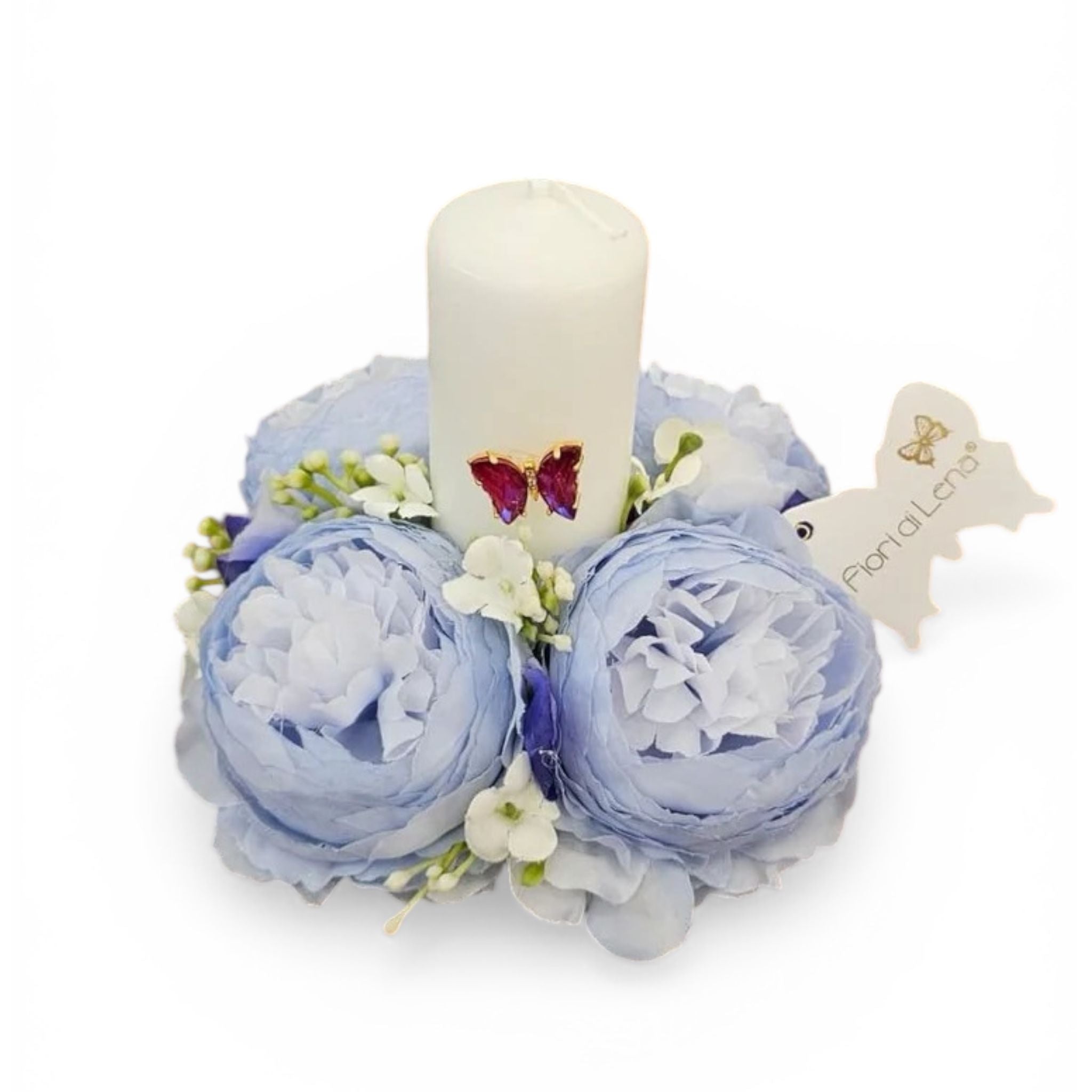 Portacandele Elegante con Ranuncoli e Farfalla 10 cm - Fiori di Lena