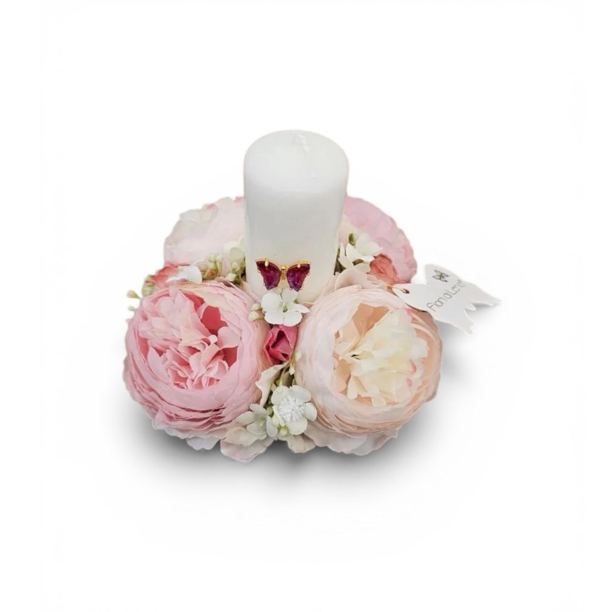Portacandele Elegante con Ranuncoli e Farfalla 10 cm - Fiori di Lena