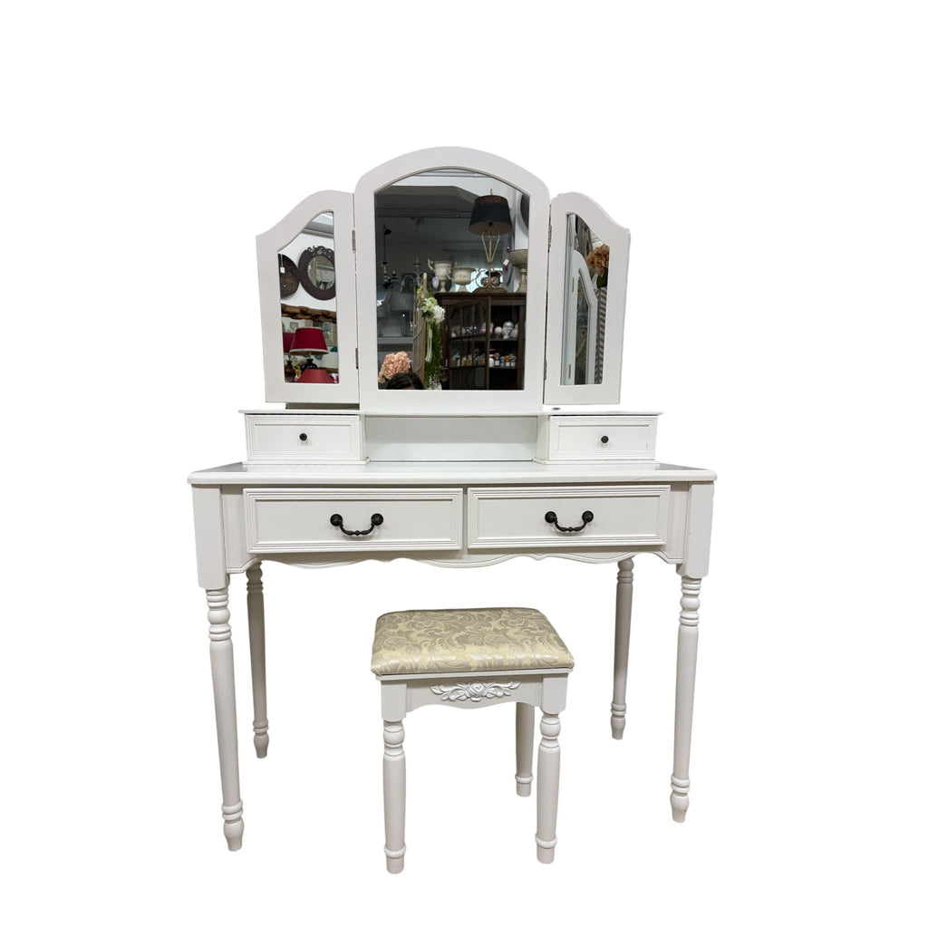 Toeletta in Legno Bianco con Pouf - Shabby Chic