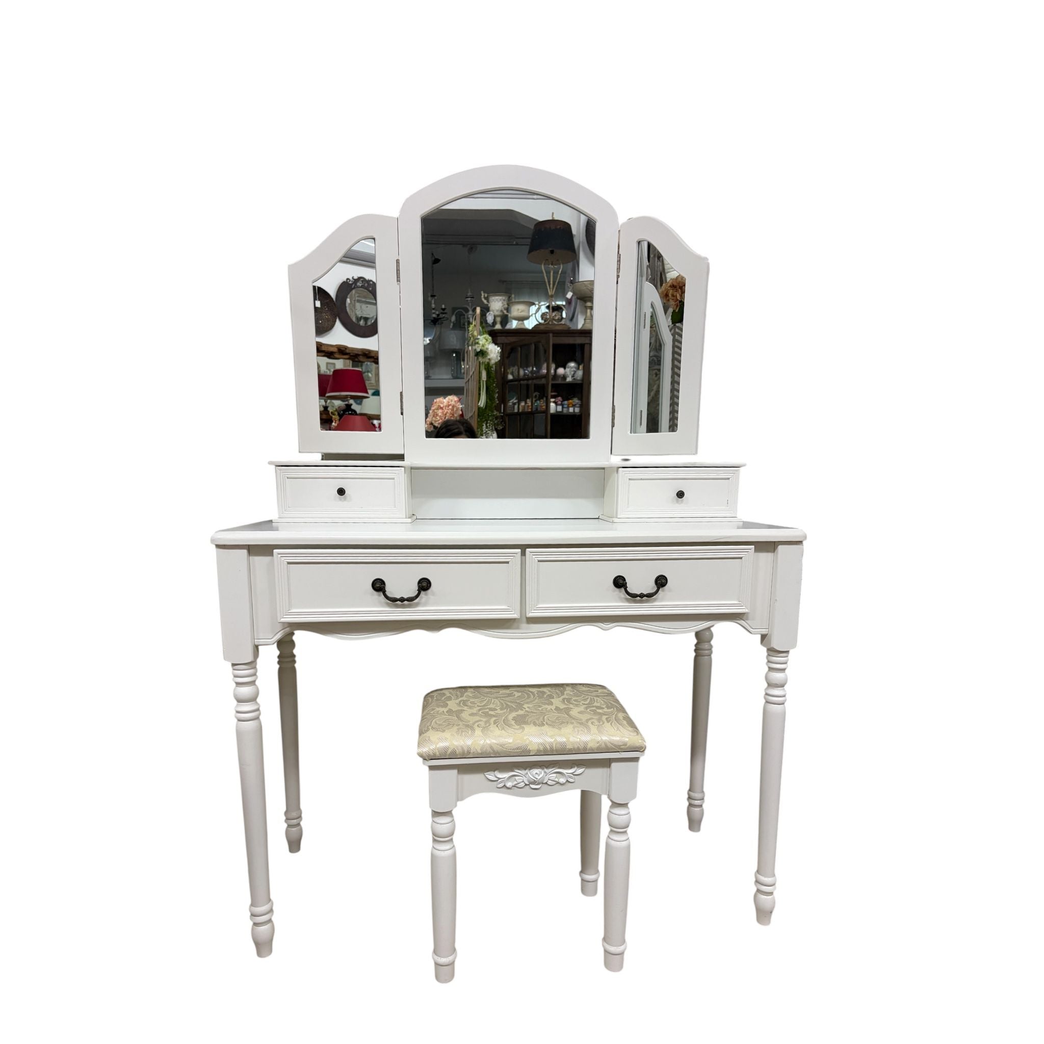 Toeletta in Legno Bianco con Pouf - Shabby Chic