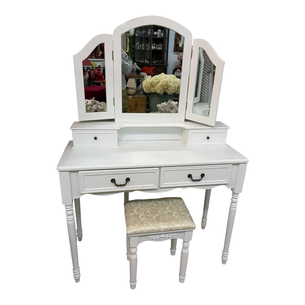Toeletta in Legno Bianco con Pouf - Shabby Chic