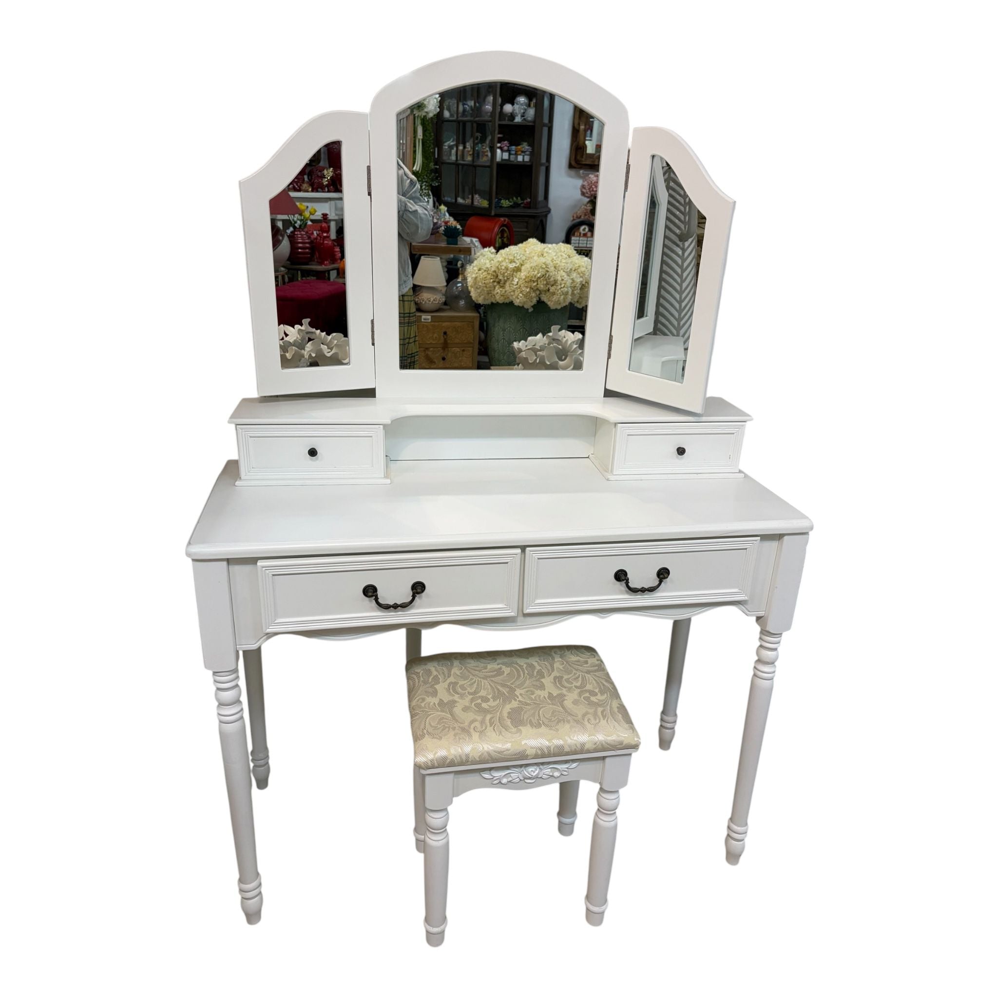 Toeletta in Legno Bianco con Pouf - Shabby Chic