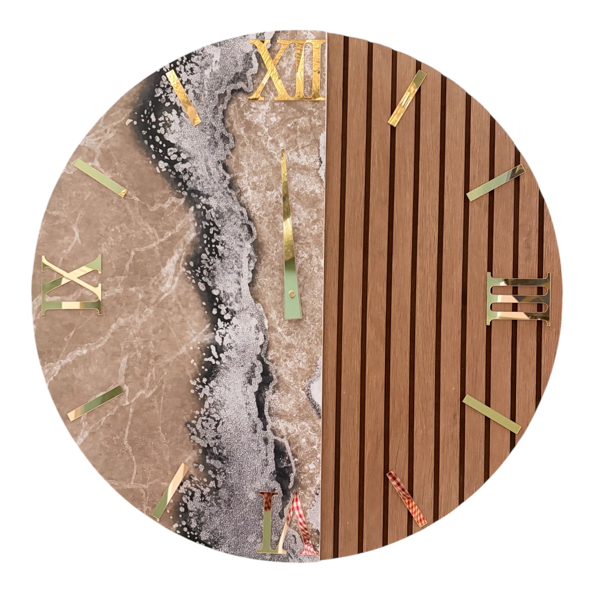 Orologio Rotondo da Parete in MDF con Effetto Doghe e Marmo  – Arte Mania