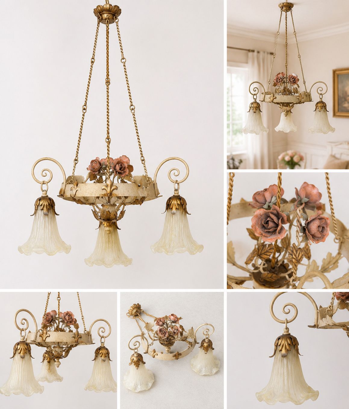 Lampadario Provenzale in Metallo con Decori di Rose - Fiorentino Keramos