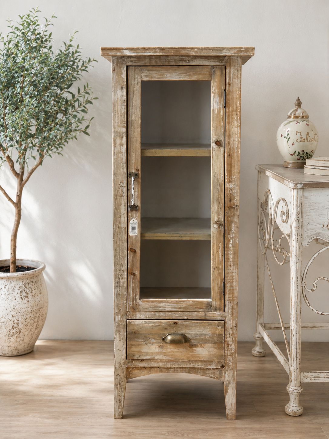 Vetrinetta Shabby in Legno con Ripiani in Vetro 119 cm - L'Arte di Nacchi