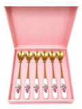 Set di 6 Cucchiaini in Acciaio Oro con Manico in Ceramica Floreale - Encantada