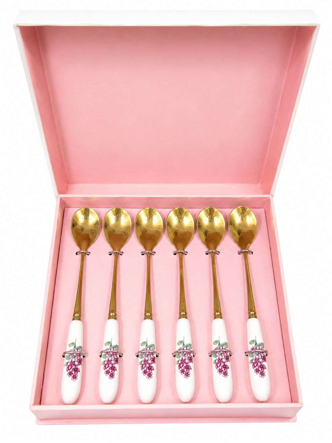 Set di 6 Cucchiaini in Acciaio Oro con Manico in Ceramica Floreale - Encantada