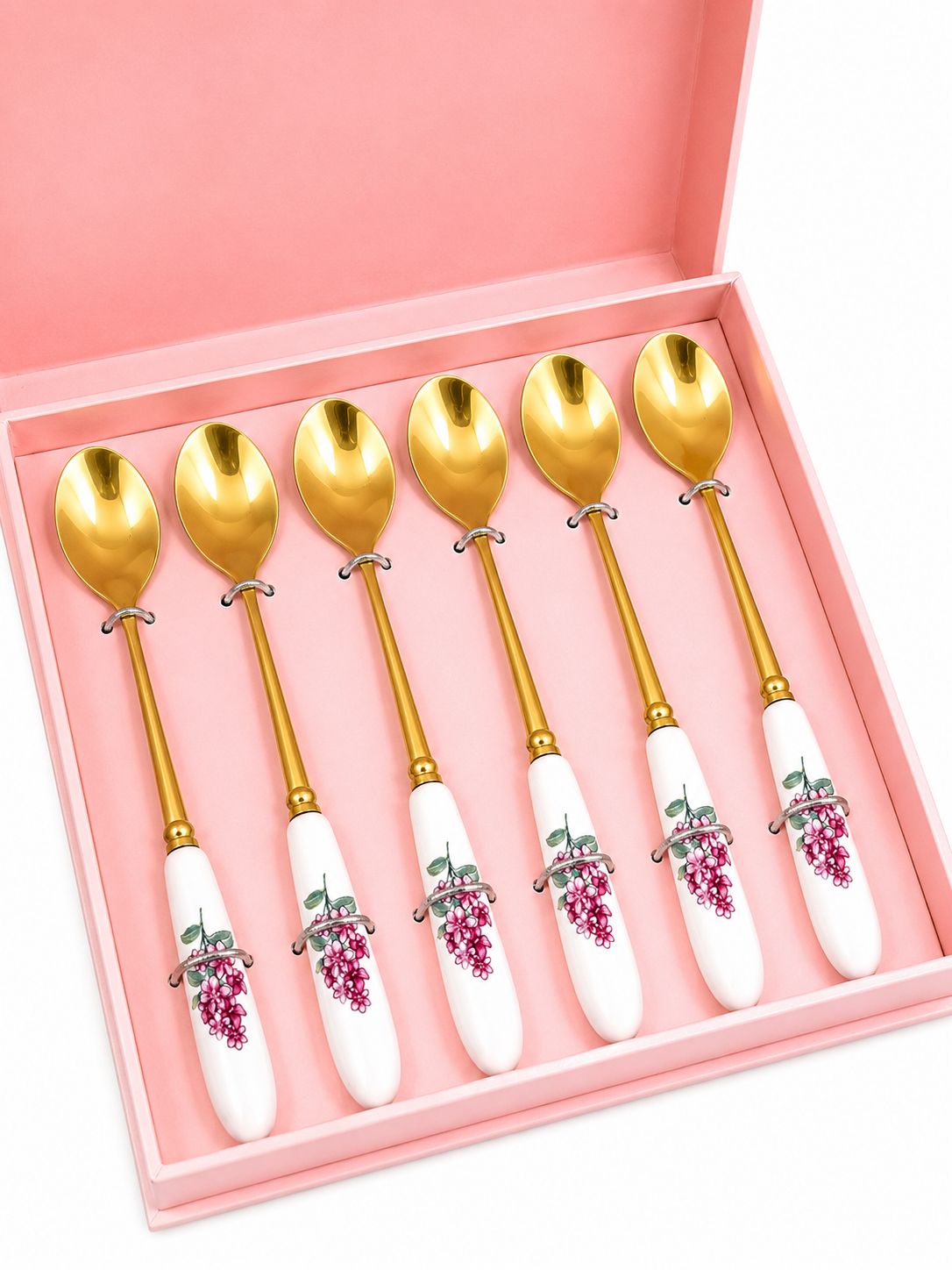 Set di 6 Cucchiaini in Acciaio Oro con Manico in Ceramica Floreale - Encantada