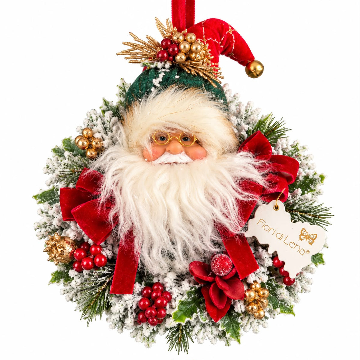 Ghirlanda Natalizia con Babbo Natale in Rosso e Verde 20x34 cm - Fiori di Lena