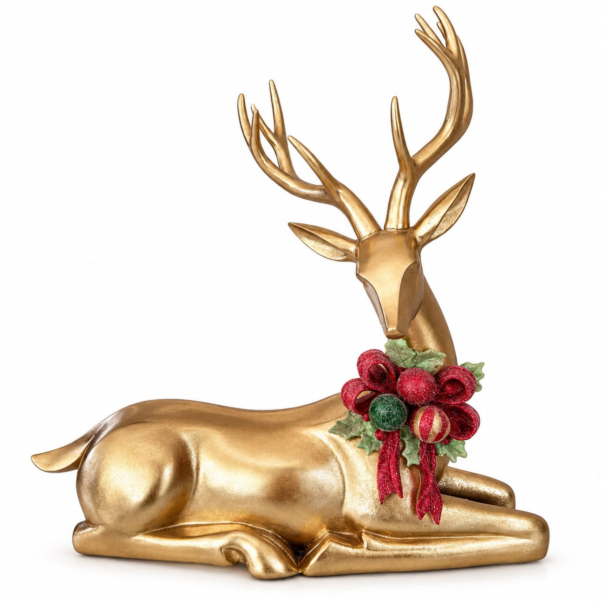 Renna Decorativa in Resina Oro con Fiocco Rosso 57.5 h cm - Fiori di Lena