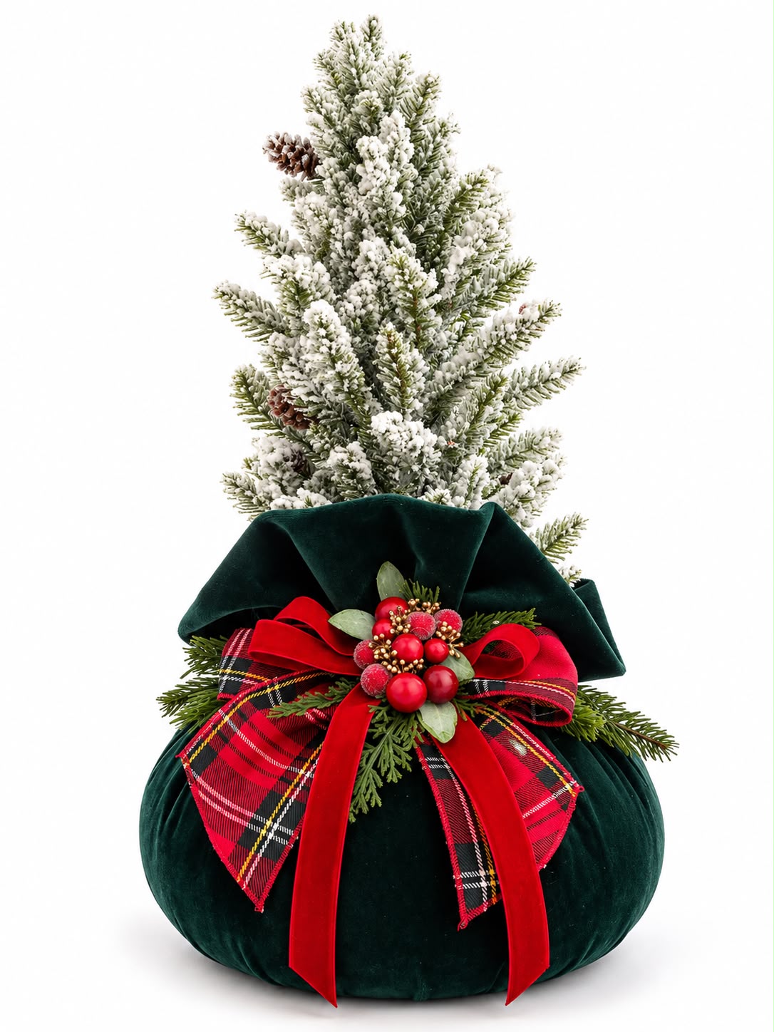Alberello Innevato su Pouf Verde Inglese e Fiocco Tartan 50 h cm - Fiori di Lena
