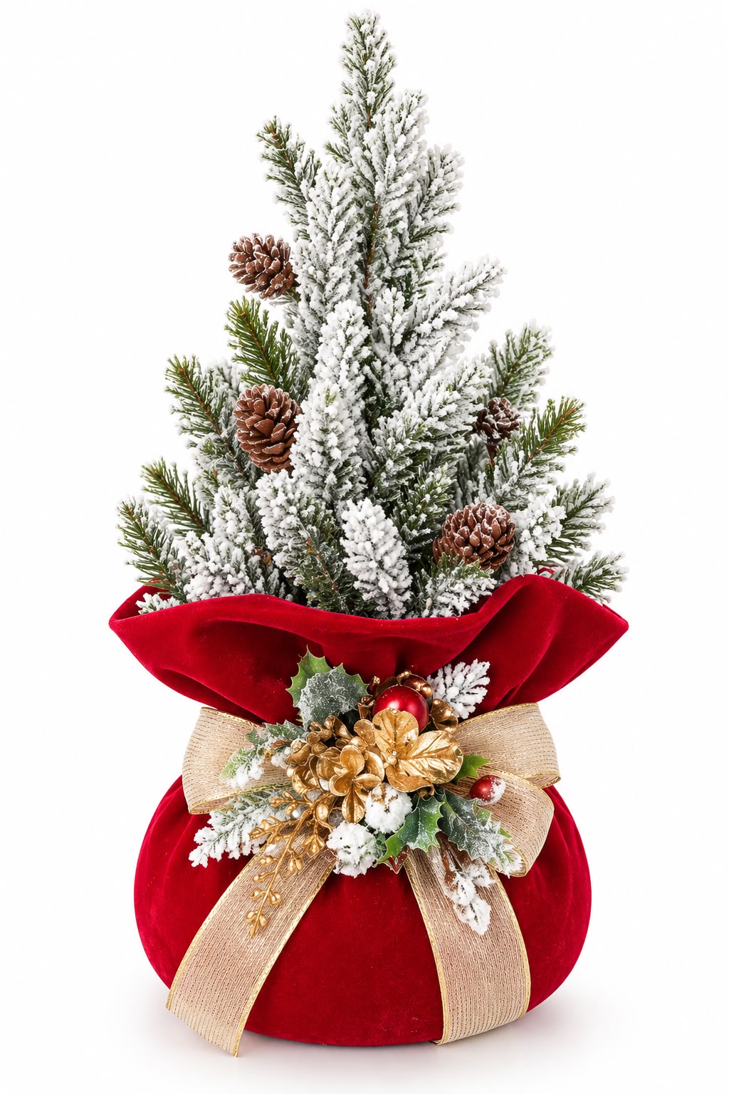 Alberello Decorativo Innevato su Pouf in Velluto Rosso 40 cm - Fiori di Lena