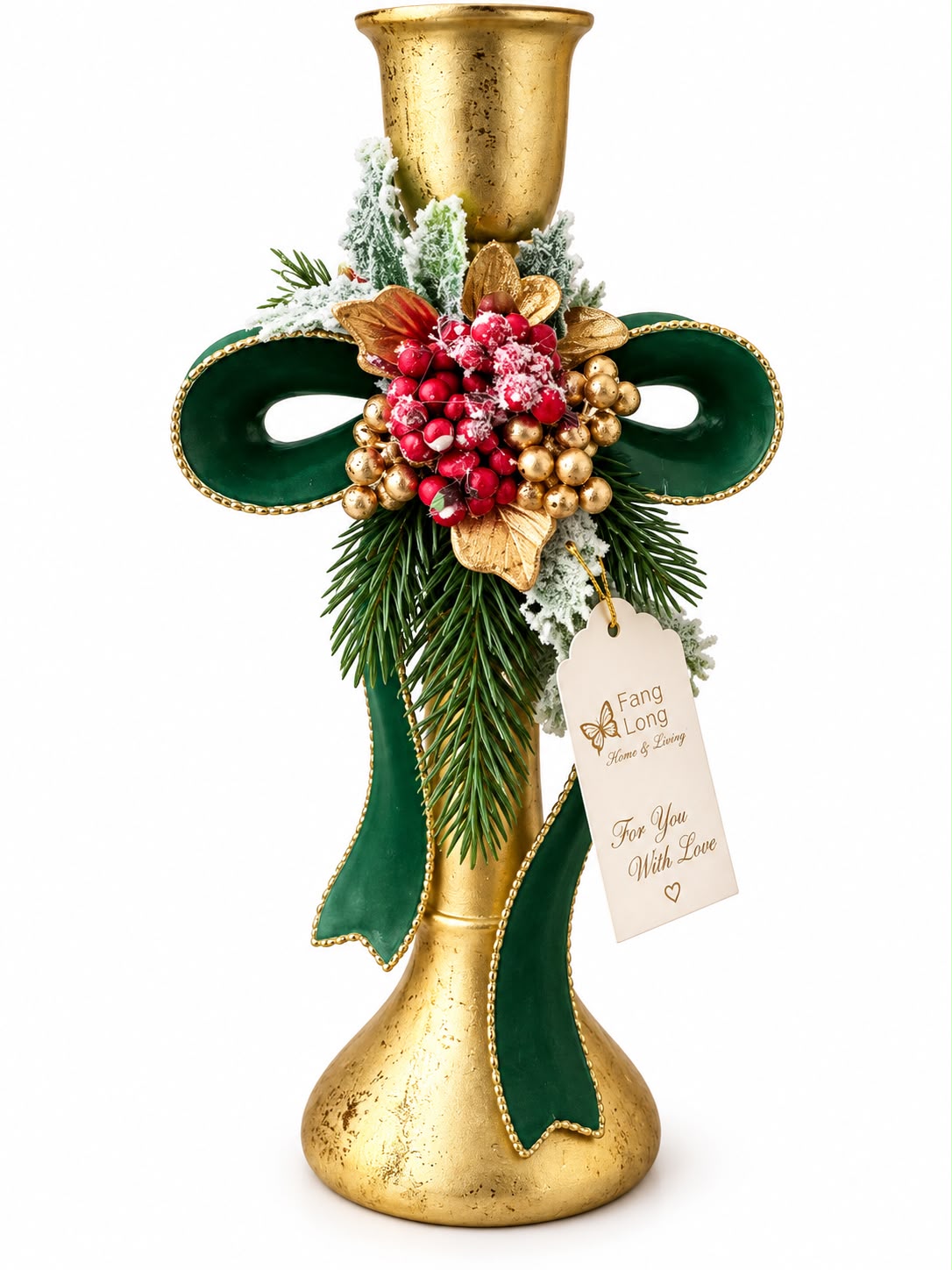 Porta Candela in Resina con Fiocco Verde 26 CM - Fiori di Lena