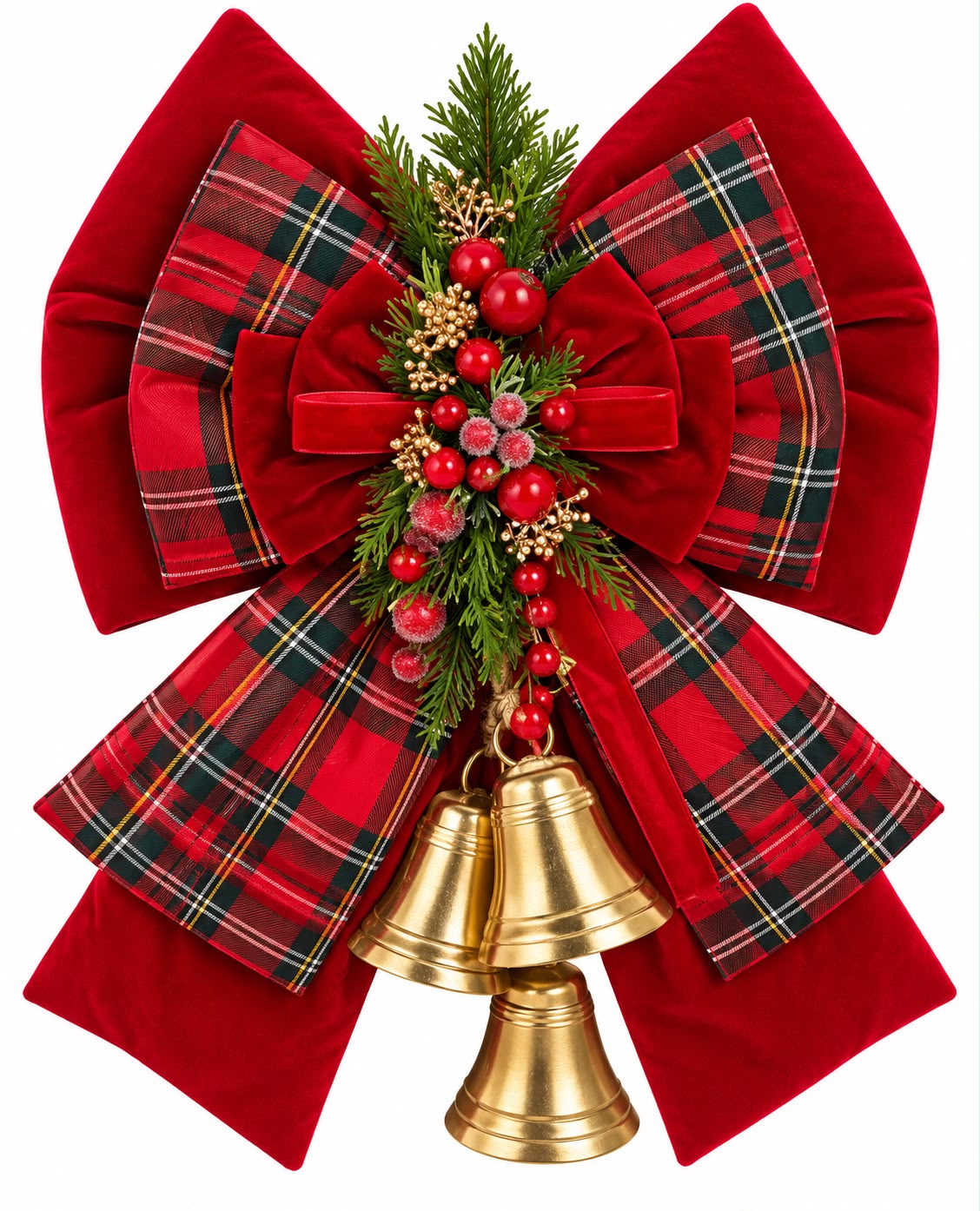 Doppio Fiocco in Velluto Rosso e Tartan con Campane 48 cm - Fiori di Lena