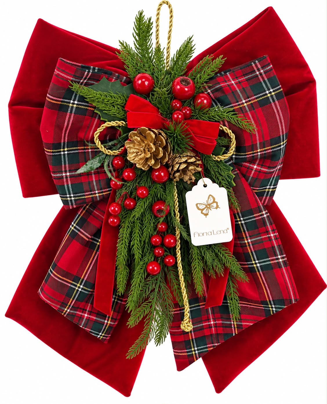 Fiocco Decorativo in Velluto Rosso e Tartan 50 cm - Fiori di Lena