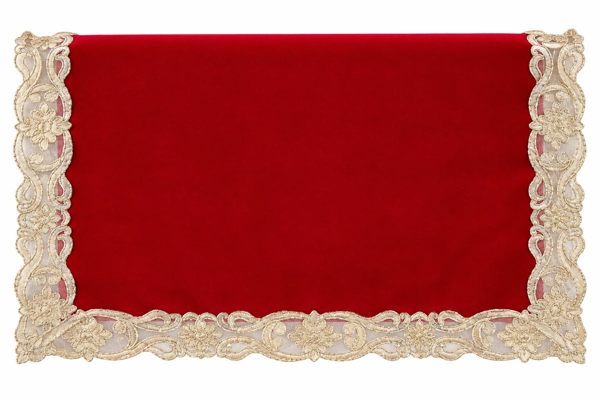 Runner in Velluto Rosso con Ricamo in Pizzo Oro 40x140 cm - Fiori di Lena