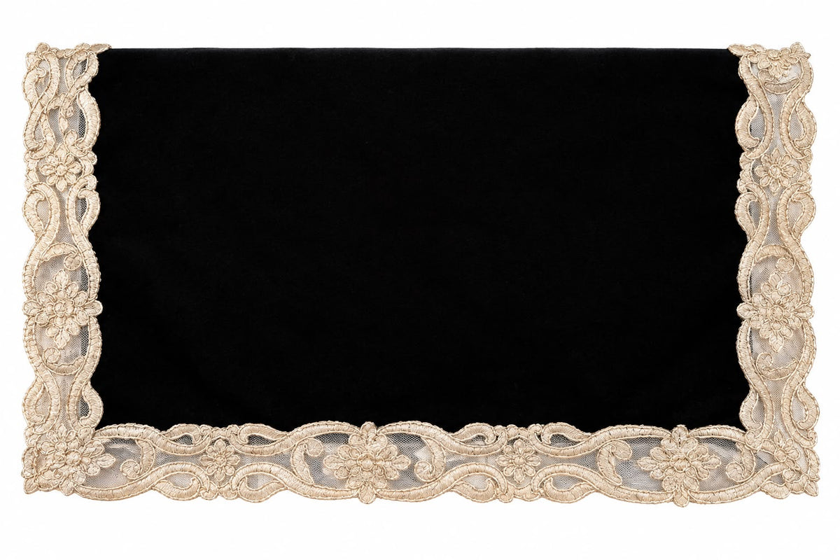Runner in Velluto Verde con Ricamo in Pizzo Oro 40x140 cm - Fiori di Lena