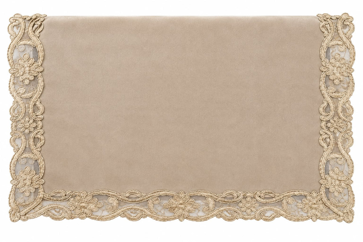 Runner in Velluto Nocciola con Ricamo in Pizzo Oro 40x140 cm - Fiori di Lena