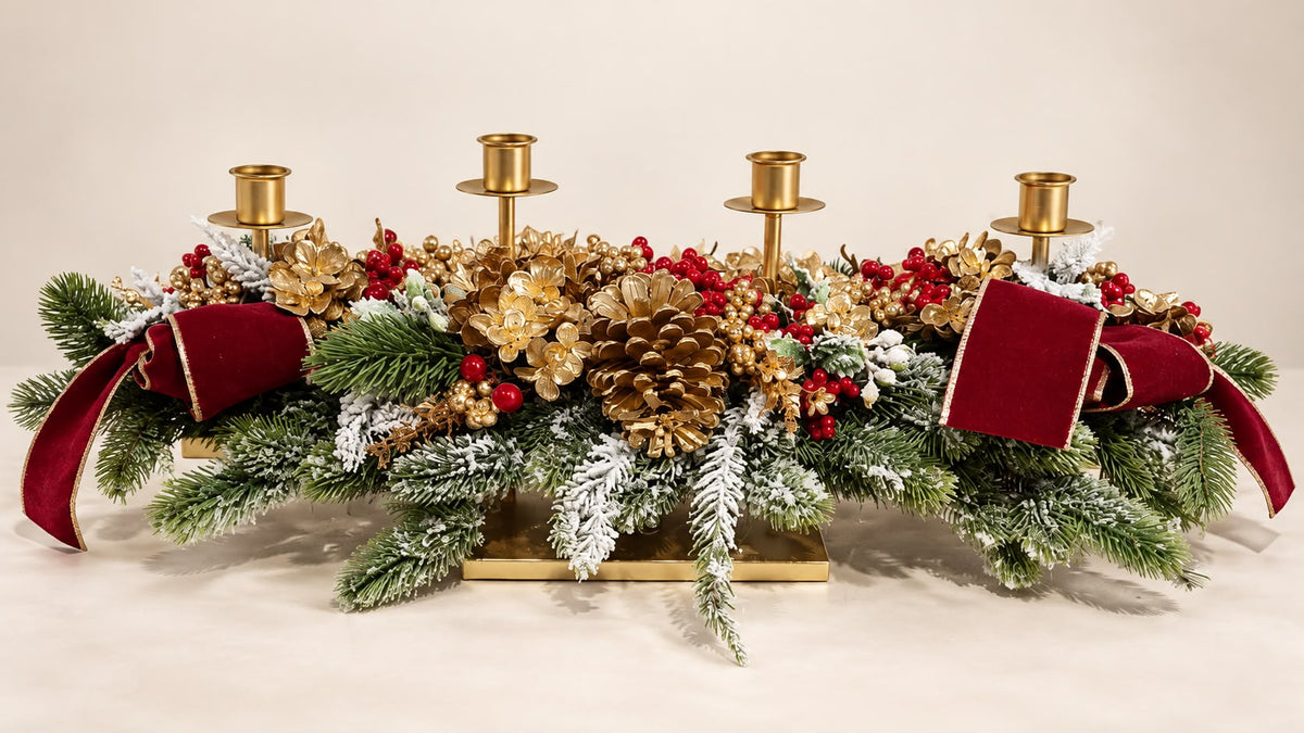 Candeliere 4 Fuochi in Metallo con Decorazioni Natalizie 75 cm - Fiori di Lena