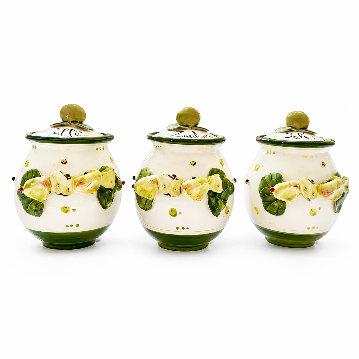 Set Barattoli in Ceramica con Decorazioni Fruttate in Verde - Fatto a Mano