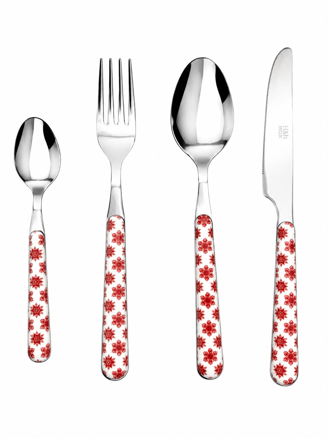 Set di 24 Posate  in Acciaio Inox - Manico con Fiori Rossi su Fondo Bianco