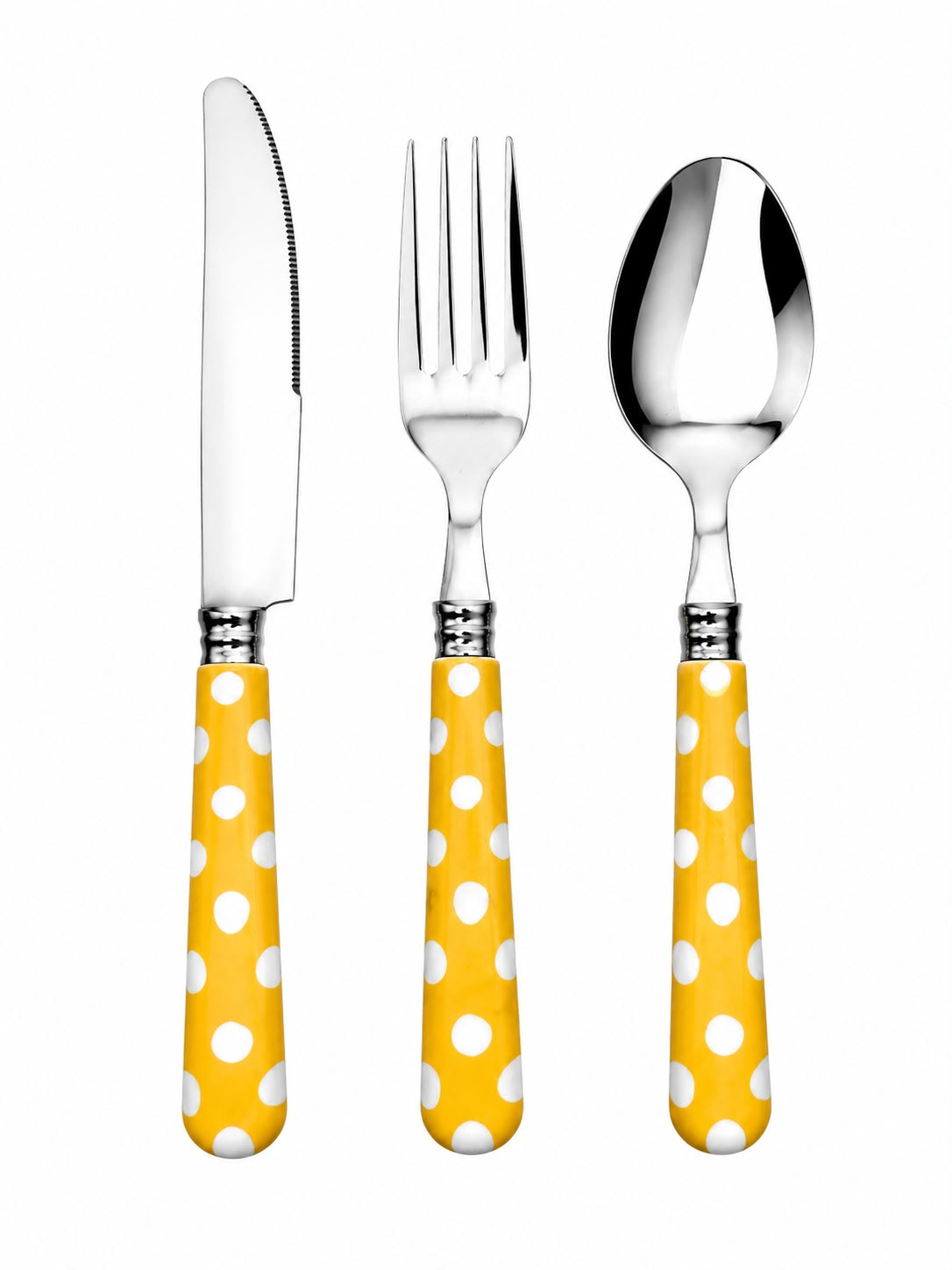 Set di 24 Posate in Acciaio Inox - Manico Giallo a Pois Bianchi