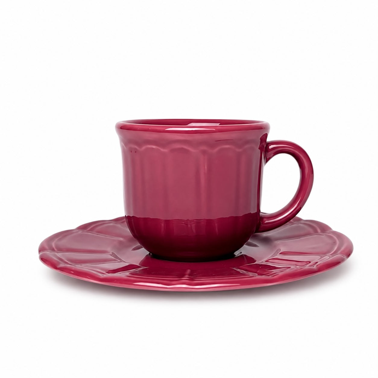 Set di 6 Tazzine da Caffè in Ceramica Bordeaux con Piattino Smerlato