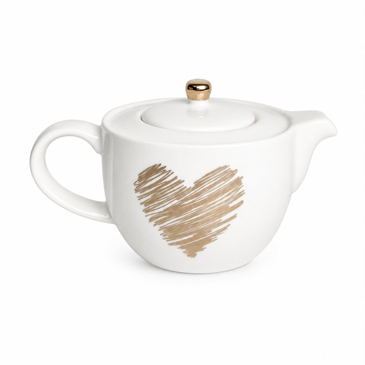 Teiera in Porcellana Bianca con Cuore e Dettagli Oro – Scritta "Love More"