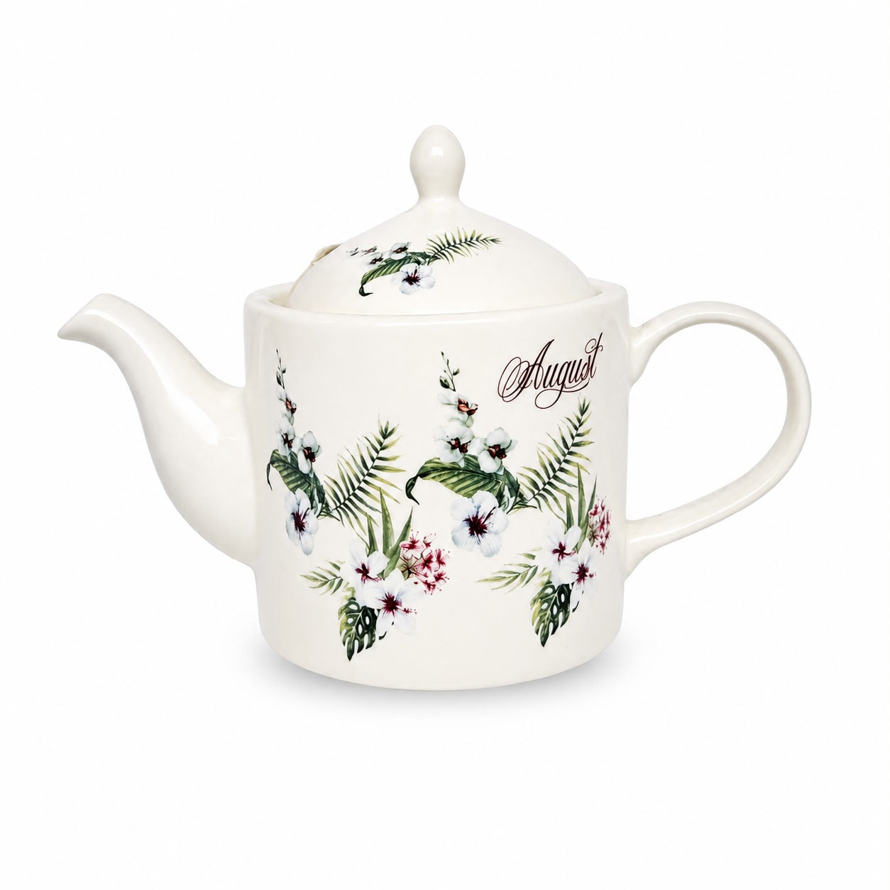 Teiera in Porcellana Bianca con Scritta "August" e Decori Verde Delicati - Emò