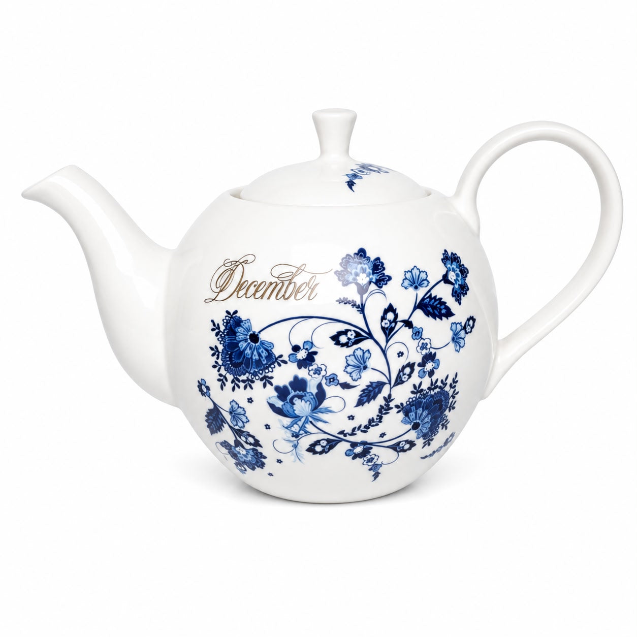 Teiera in Porcellana Bianca con Scritta "December" e Decori Blu Delicati - Emò