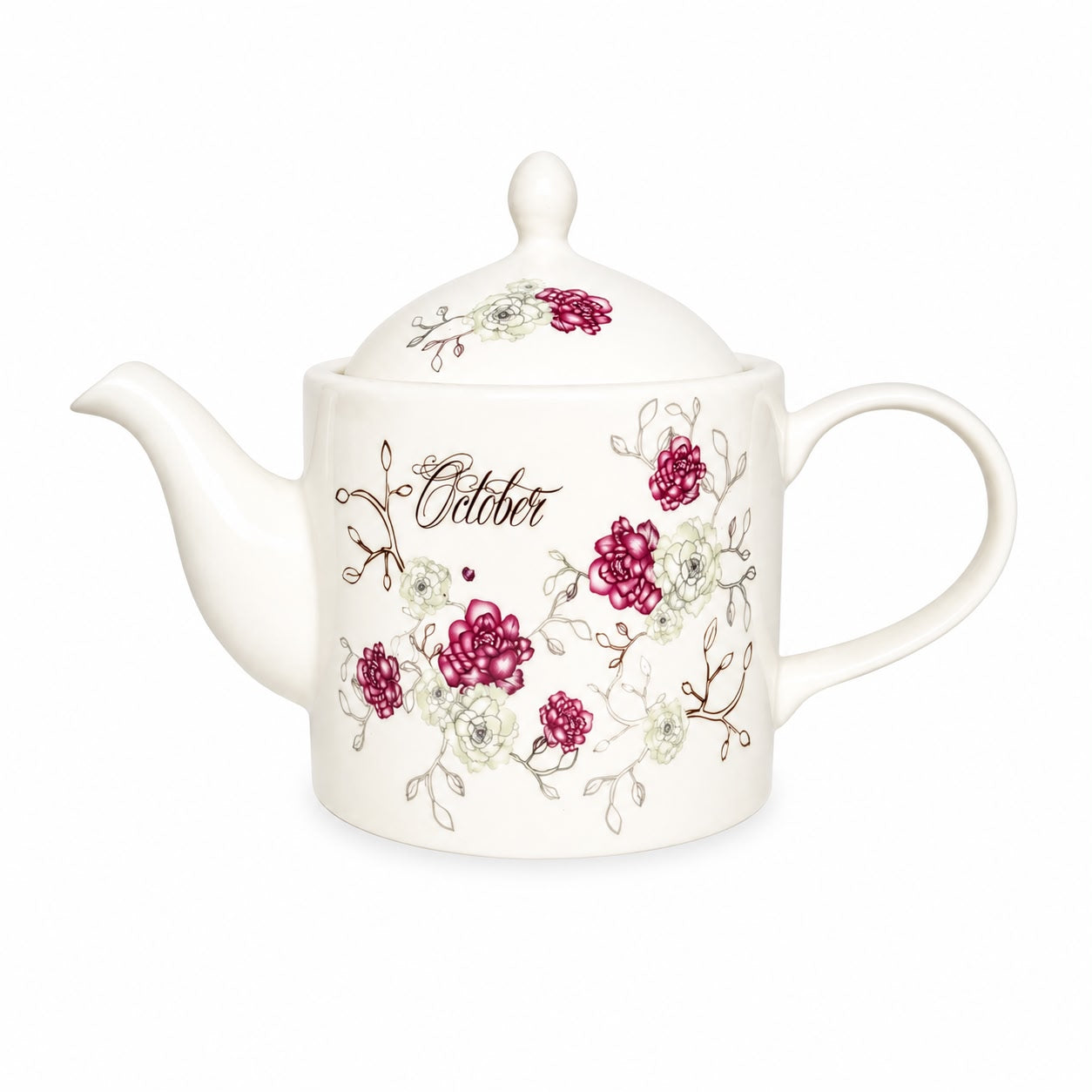Teiera in Porcellana Bianca con Scritta "October" e Decori Rosa Delicati - Emò