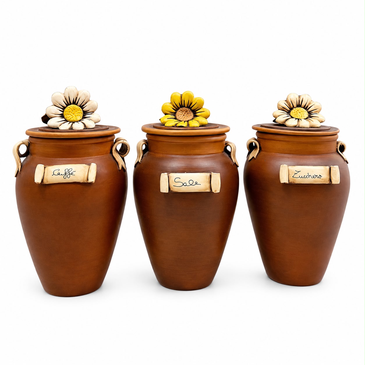 Tris di Barattoli “Sale, Zucchero e Caffè” in Terracotta Dipinti a Mano – Vitullo