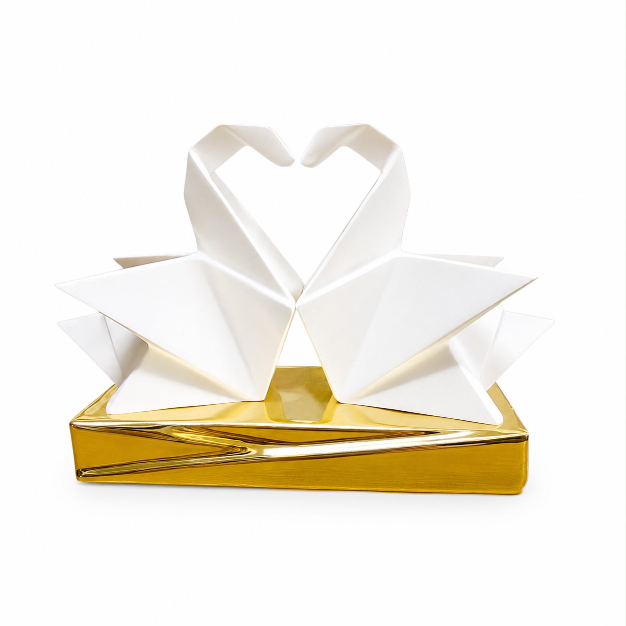 Scultura Origami Due Cigni Bianchi su Base Oro 12x17 cm - Bongelli Preziosi