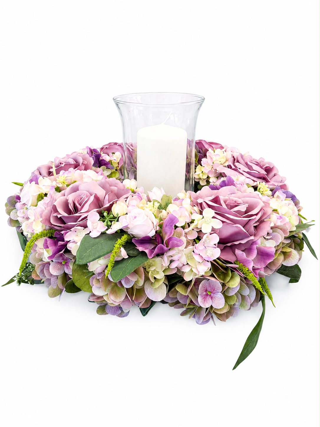 Centro Tavola con Ghirlanda Floreale e Vaso in Vetro diametro 40 cm – Fiori di Lena