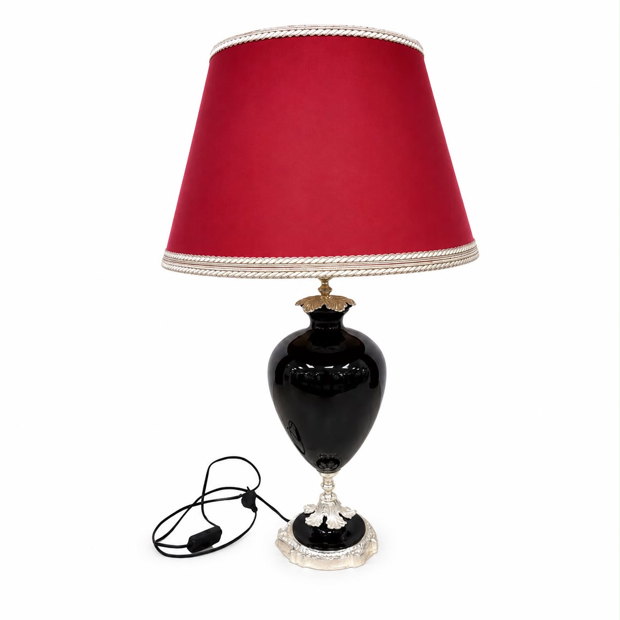 Lampada da Tavolo con Base in Vetro Nero e Paralume Rosso