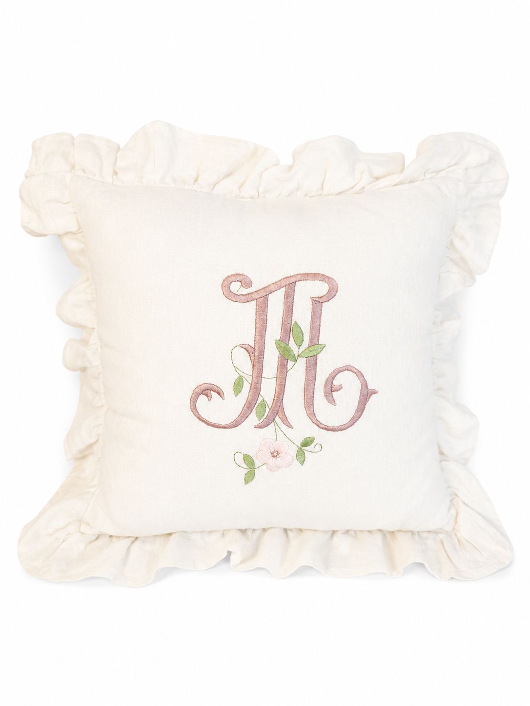 Cuscino in Lino Bianco con Volant e Ricamo Lettera M 40x40 cm  - Fiori di Lena