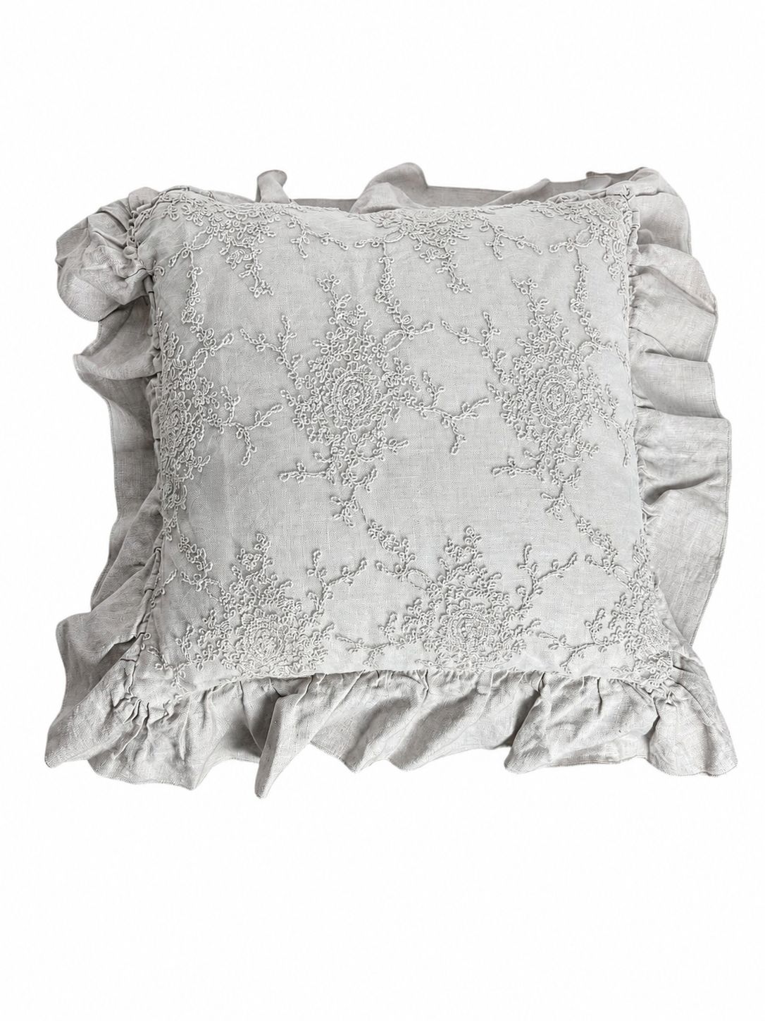 Cuscino in Lino e Cotone con Pizzo Corinzio Ricamato e Volant 40x40 cm - Chez Moi