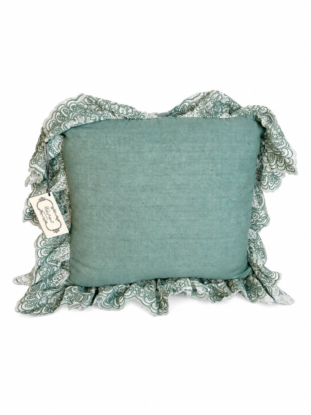 Cuscino in Lino Salvia con Gala Pendenti in Pizzo 40x40 cm  - Chez Moiz