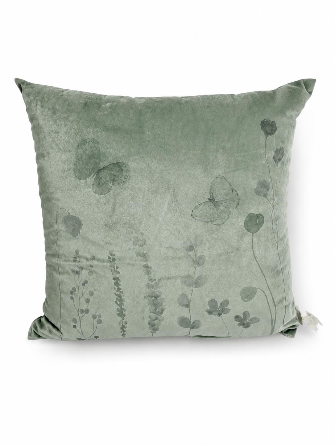 Cuscino in Velluto Verde Salvia con Fiori e Farfalle 40x40 cm - Fiori di Lena