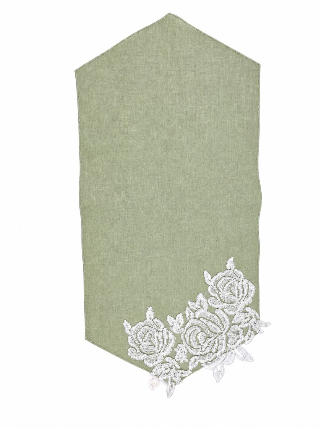Runner in Lino Verde Salvia con Fiore in Pizzo Bianco 58 cm  – Fiori di Lena