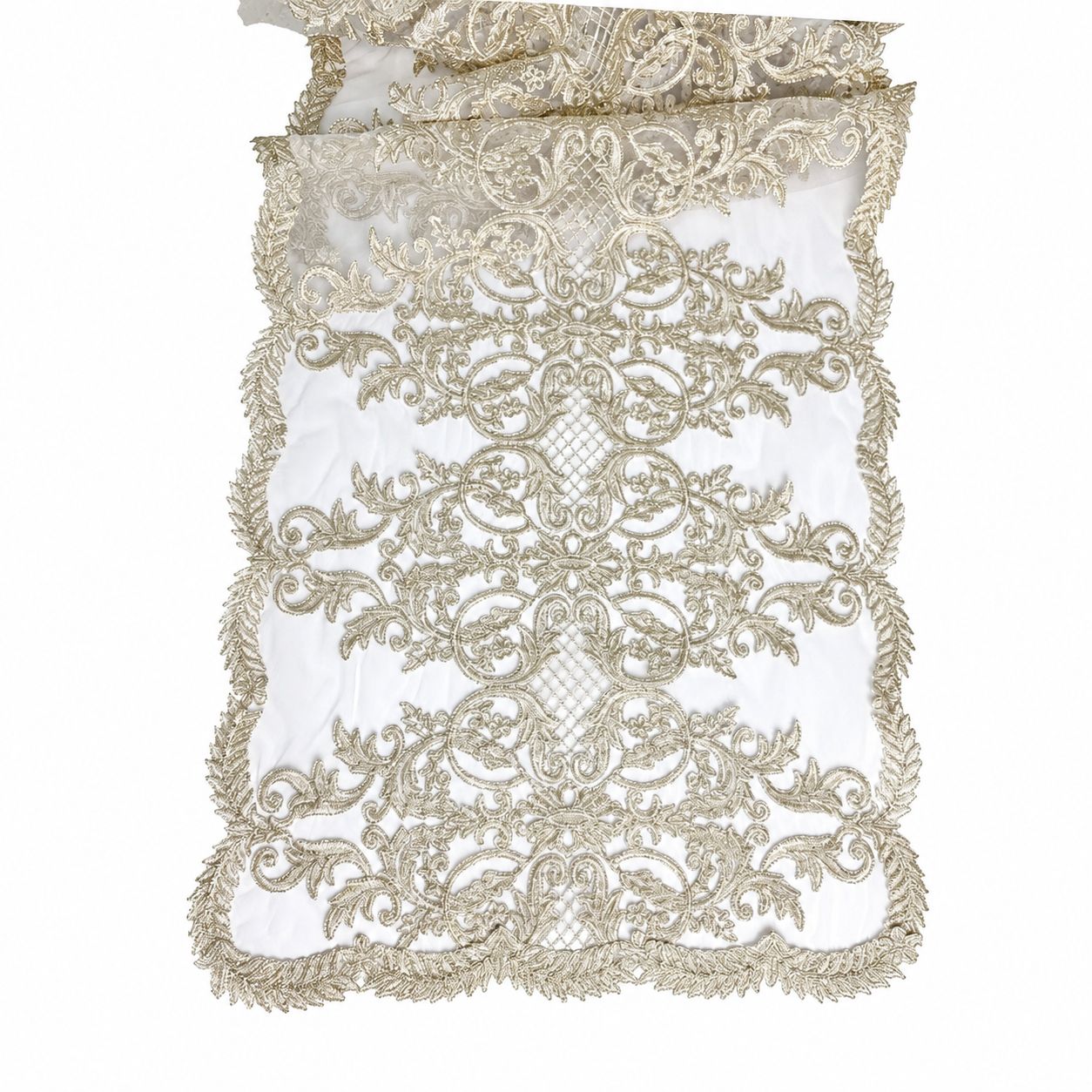 Runner in Pizzo Trasparente Oro con Ricami 44x120 cm - Fiori di Lena