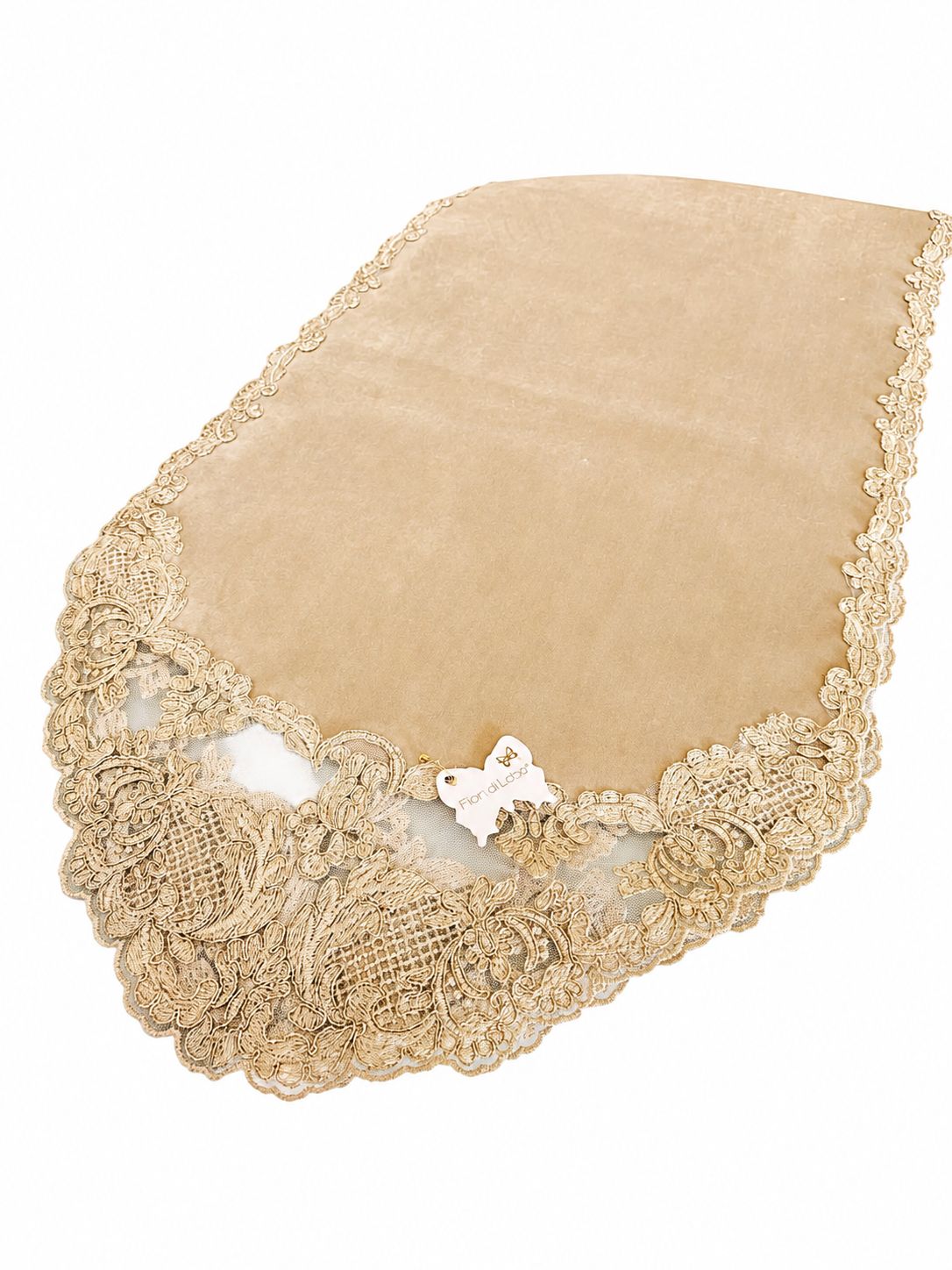 Runner in Velluto Nocciola con Merletto Oro 39x140 cm - Fiori di Lena