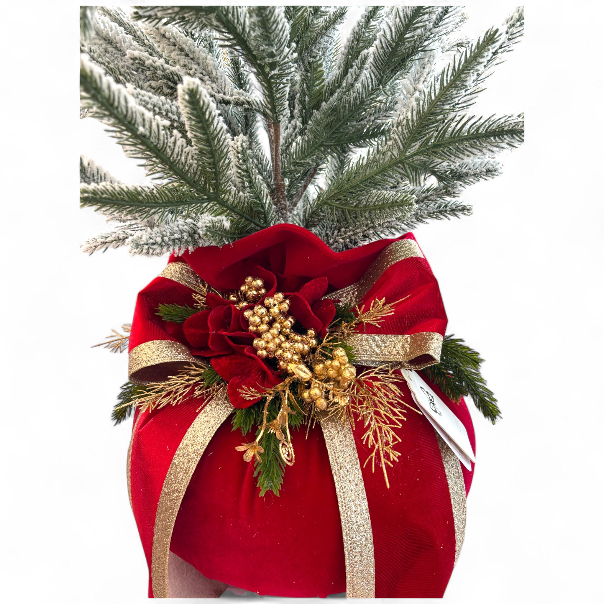Pouf in Velluto Rosso con Alberello Innevato e Fiocco 75 h cm - Fiori di Lena