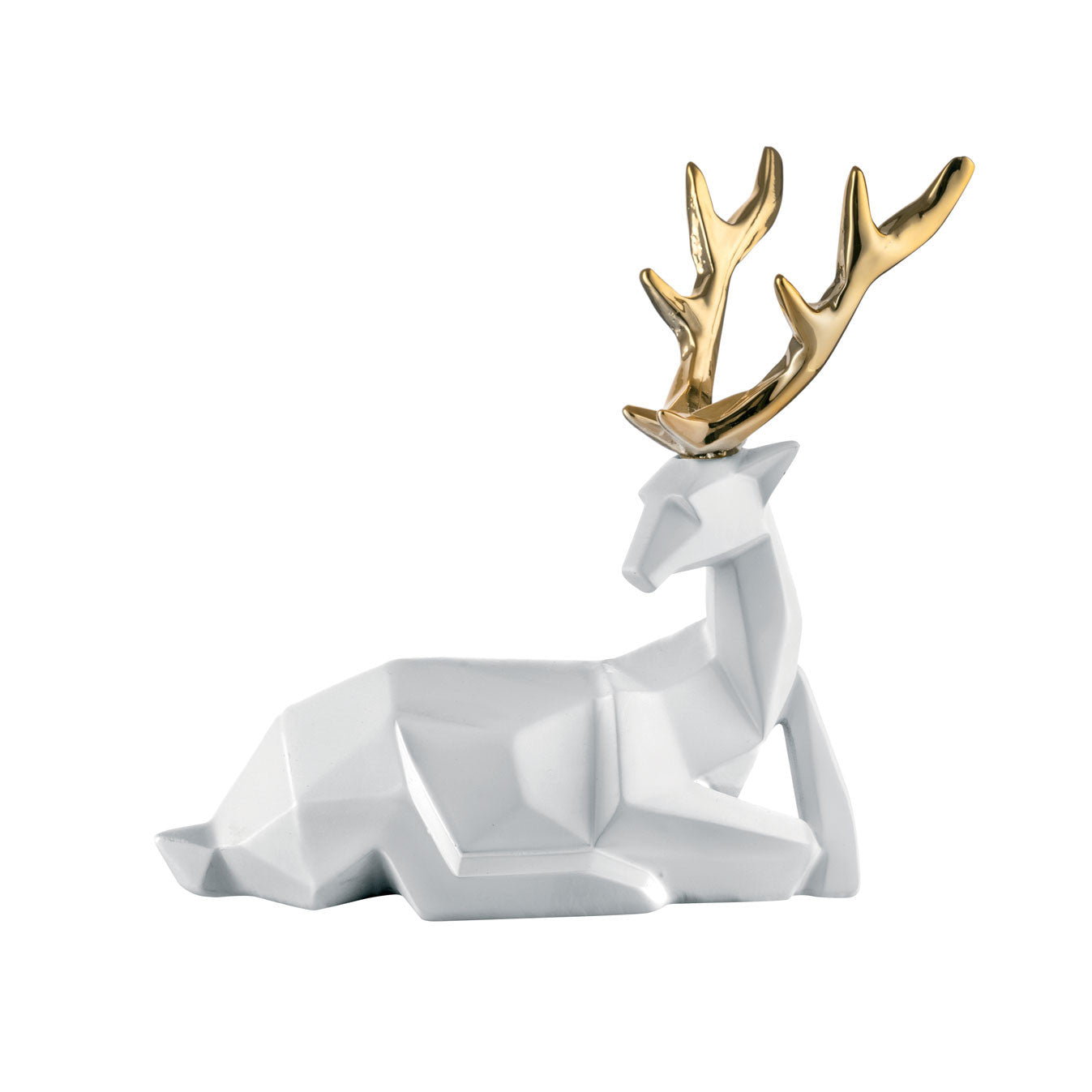 Renna Seduta in Marmorino Bianco con Corna Oro  18×18 cm - Bongelli Preziosi